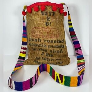 Vintage upcycled shell peanuts burlap crossbody bag